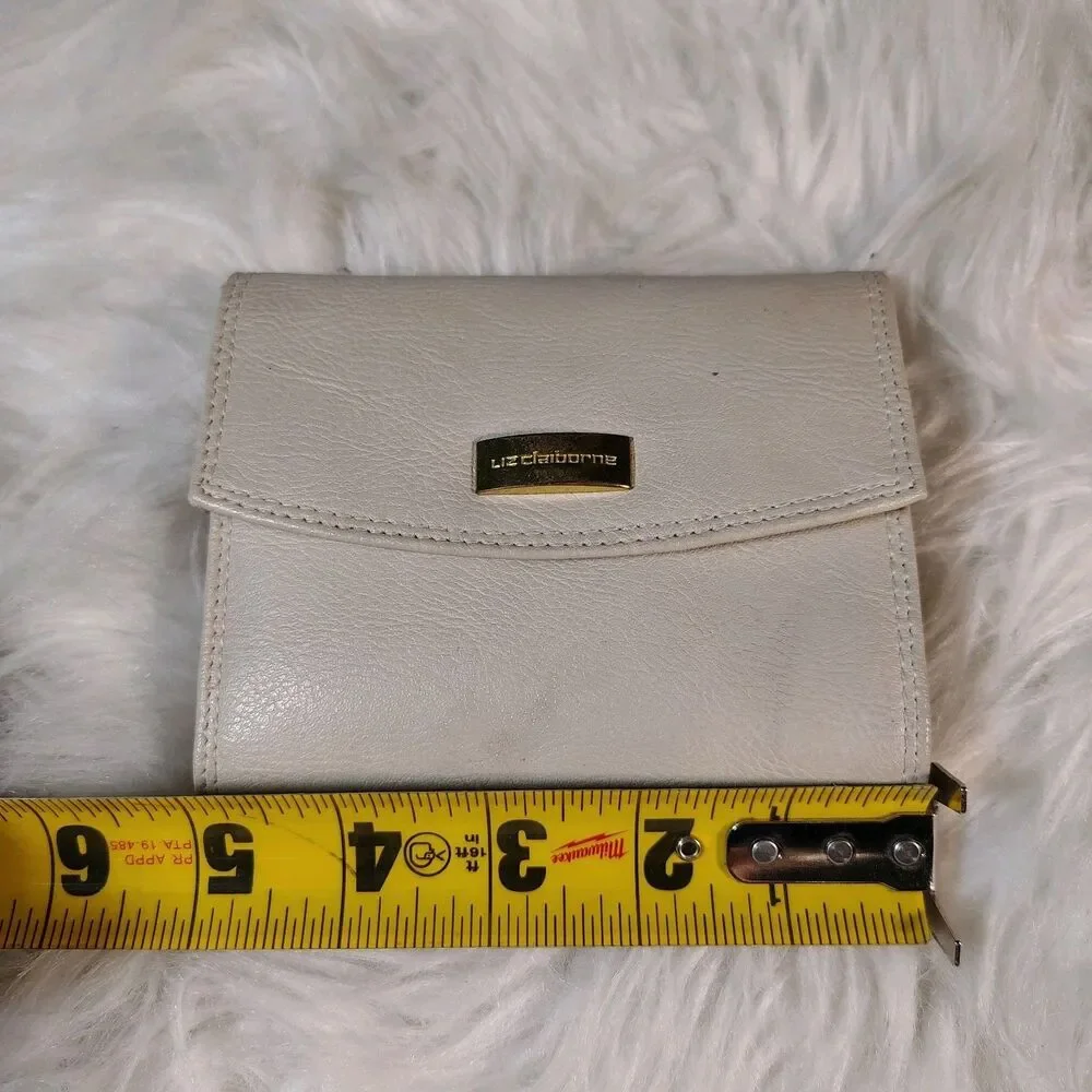Beige Tri Fold Faux Leather Liz Claiborne Wallet Gold Hardware VTG